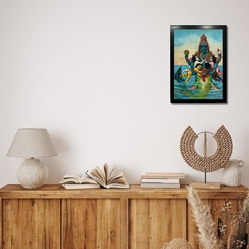 Image of Kagaz Kala Wood - Vintage Art Prints - Hindu God Photos With Frames For Pooja Room Bedroom Living Room Decor Gifts Framed (Matsya, Avatar Of Vishnu), 12.2 Inch
