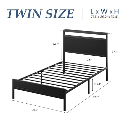 Image of Fluest Twin Bed Frame with Headboard & Footboard, Twin Bed Frame with Charging Station & LED Light, Under-Bed-Storage, No Box Spring Needed, Noise Free, Easy Assembly, Classic Black