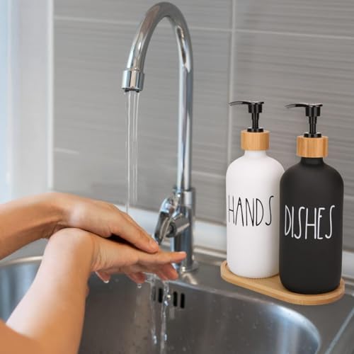 Image of Soap Dispenser for Kitchen Handwash Dispenser Dish Wash Dispenser Liquid Soap Dispenser for Kitchen Sink Dishwash and Hand Wash Liquid Dispensers Pump with Bamboo Tray, Glass, 17 Ounces
