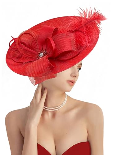 dressfan Fascinator Derby Hats for Women Vintage Wedding Mesh Feather Hair Clip 20s 50s Headband Hair Accessories Headwear for Derby/Wedding/Cocktail/Tea Party M31-Red