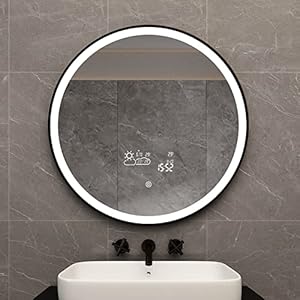 BYECOLD 28″ Smart Vanity Round Mirror, Black Circle Mirror, Weather Display, Round Mirror with Front Light 6000K, Anti Fog, Touch Sensor, Smart Bathroom Mirror, IP54 Waterproof