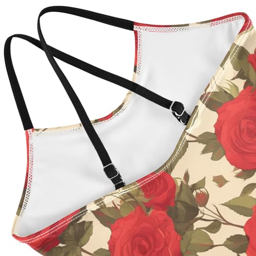 KLL Floral Pattern Red Roses Girls 1 Piece Bathing Suit Summer Swimwear Adjustable Strap Quick-Dry4