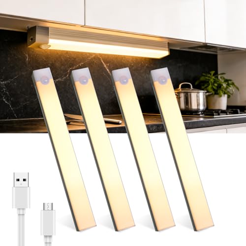 Lamptobe Under Cabinet Kitchen Lights,4Pack 3000K Dimmable Cupboard Lights with Steplessly Dimmable,4 Modes,Motion Sensor,2W Wireless USB Type-C Rechargeable Wardrobe Light with Magnetic Sticker