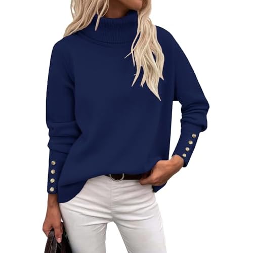 Rapbin Turtleneck Sweaters for Women 2026 Fall Winter Long Sleeve Knit Pullover High Low Hem Sweater with Metal Buttons Navy Blue Medium