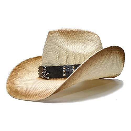 LLPBEAU-hat Chapeau de Soleil d'été Mode Rétro Beige Femmes Hommes Paille Large Bord de Plage Cow-Boy de l'Ouest Chapeau Crâne de Bande en Cuir (Color : 1, Size : 56-58cm) Cover