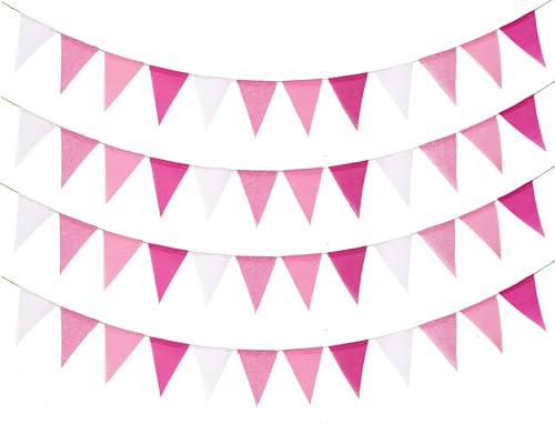48pcs Pink Pennant Banner, Pre-Strung Imitated Burlap Fabic Triangle Flags Bunting Garland Steamers, Pink Haning Party Decorations for Women.