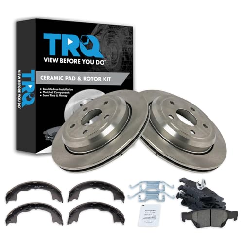 Image of TRQ Rear Ceramic Brake Pad and Rotor Set Includes Parking Brake Shoes Compatible with 11 Jeep Grand Cherokee 12-19 Jeep Grand Cherokee 11-17 Dodge Durango 18-19 Dodge Durango
