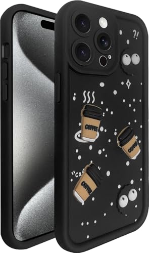 Image of SHINESTAR Back Cover for iPhone 15 Pro Max - 3D Cartoon Coffee & Eyes Design | Soft Silicone Shockproof Case with Full Camera Protection | Cute & Playful Phone Cover - Black