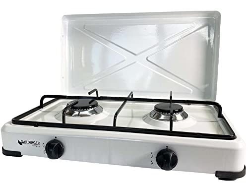 GARDINGER Campingkocher Duo weiß zweiflammig Propankocher Gaskocher Set mit Gasschlauch und Druckregler (mit Deckel)