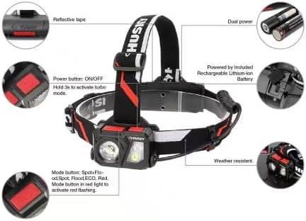 Husky 1000 Lumens Dual Power Compact Rechargeable Headlamp
