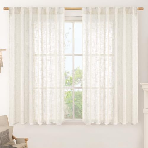 LAMIT Light Filtering Linen Curtains 54 inches Long for Bedroom, Linen Textured Semi Sheer Back Tab and Rod Pocket Cream Boho Drapes for Small Window/Living Room, 2 Panels, 52 x 54 Inch