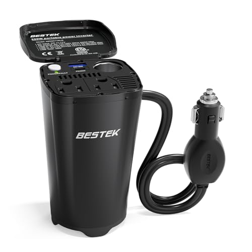 BESTEK 200W Power Inverter, 12V DC to 110V AC Car Plug Adapter Outlet Converter with [30W USB-C]/USB-Fast Charger(18W) / Dual AC Outlets/car Charger for Laptop Black