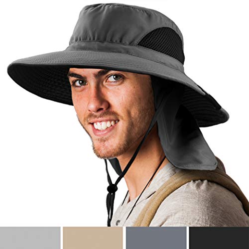 SUN CUBE Fishing Hat for Men, Women with Neck Flap | Hiking Boonie Hat with Wide Brim, Adjustable Chin Strap | Safari Summer Bucket Sun Hat | UPF 50+ Protection | Packable Breathable Mesh (Grey)
