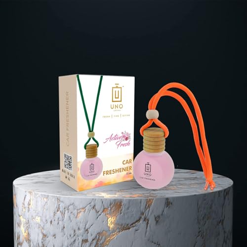 Image of UNO Aroma Car Air Freshener Scent, Long Lasting Car Perfume with Hanging Pod, Natural Essential Oil in Glass Bottle with Wooden Diffuser (Fragrance-Active Fresh, 15ml, Last Upto-30 Days)