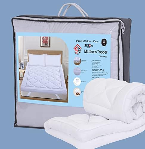 SIGA HOME Mattress Topper Single 10cm Thick, White, Super Soft 100% Polyester, Quilted, Breathable, Noiseless, Machine Washable, Four corners Elastic Band, Anti Slip, Single 90x190+10cm (SG22101)