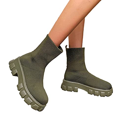 ORANDESIGNE Botas de Punto para Mujer Botines con Plataforma Suela Dentada Elastico Botines Chelsea Botas Transpirables Sin Cordones Zapatos de Plataforma A Ejercito Verde 36 EU