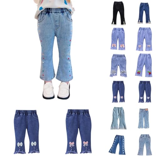 Girls' Flare Jeans Love Heart Embroidery Elastic Waist Flared Denim Pant Y2K Graphic Cute Bell-Bottoms with Pockets