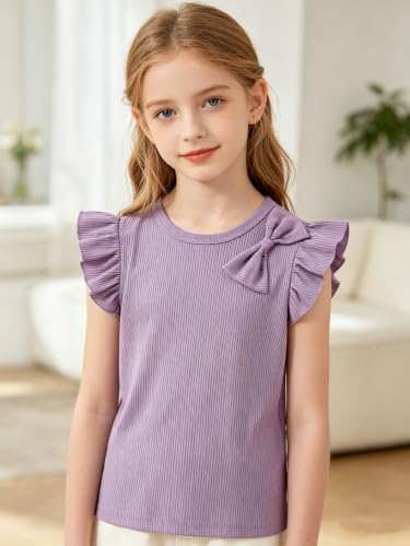 Image of Girls 4 Packs Tees Ruffle Short Sleeve T-Shirt Ribbed Knit Casual Summer Tunic Tops 4-12 Years
