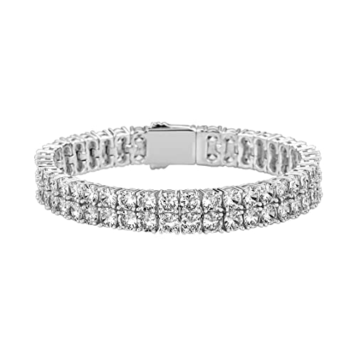 JINAO Hip Hop Silver 2 Rows Cubic Zirconia Tennis Bracelet 14k Gold Plated Iced Out Bling Lab Simulated Diamond Tennis Wrist Chain Jewelry for Men Women (Silver) by JINAO - Used condition - US$17.59