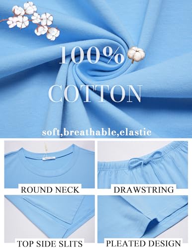 Ekouaer Womens 100% Cotton 2 Pieces Short Sets Summer Short Sleeve Outfits Casual Matching Lounge Set with Pockets