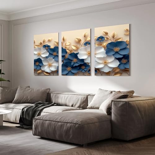 Impression sur Toile Tableau Fleurs Blanches Feuilles Dorées - Déco Murale Moderne Bleu 50x70cm - 2