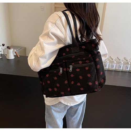 Image of Women Strawberry Bags, Corduroy Everyday Tote Bag Kawaii Shoulder Purse Handbag Crossbody Work Bag
