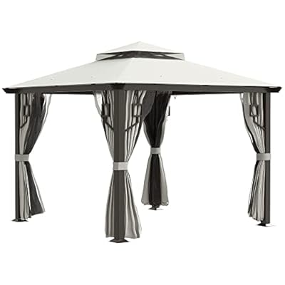 Outsunny 10' x 10' Patio Gazebo, Double Roof Outdoor Gazebo with Privacy Curtains, Mesh Netting, Aluminum Frame Outdoor Canopy Shelter, Cream White
