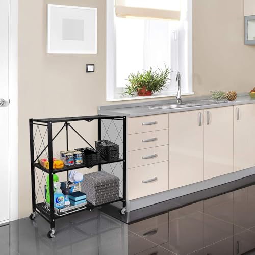 Image of Kitchen Garage Metal Shelves, Storage Shelves Organizer, Foldable Metal Shelving, Closet Shelving Unit, 28 inch W x 14 inch D x 34 inch H Bakers Rack Microwave Stand, Plant Stand with Wheels (3-Tier Shelf)