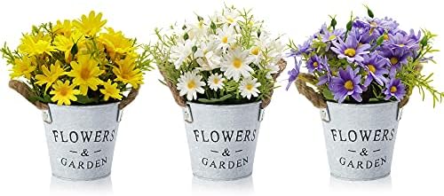 HOTLIKE Artificial Flowers Plants Set of 3, Fake Plants With Metal Pot, Indoor and Outdoor Mini Artificial Potted Plant, Perfect Decoration Gift for House Office Desk Kitchen Wedding (Daisy)