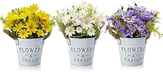 HOTLIKE Artificial Flowers Plants Set of 3, Fake Plants With Metal Pot, Indoor and Outdoor Mini Artificial Potted Plant, Perfect Decoration Gift for House Office Desk Kitchen Wedding (Daisy)
