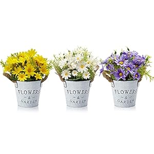HOTLIKE Kunstbloemen Planten Set van 3, Nepplanten met Metalen Pot, Binnen en Buiten, Mini Kunstmatige Potplant, Perfect Decoratiegeschenk voor Huisbureau, Keukenbruiloft (Madeliefje)