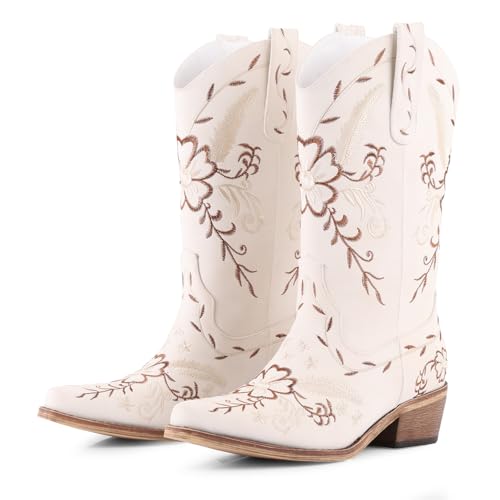 Image of LingxiaUne Cowboy Boots for Women Floral Cowgirl Boots with Pointed Toe and Chunky Heel Mid Calf Western Boot for Concert Festival Country Night Party