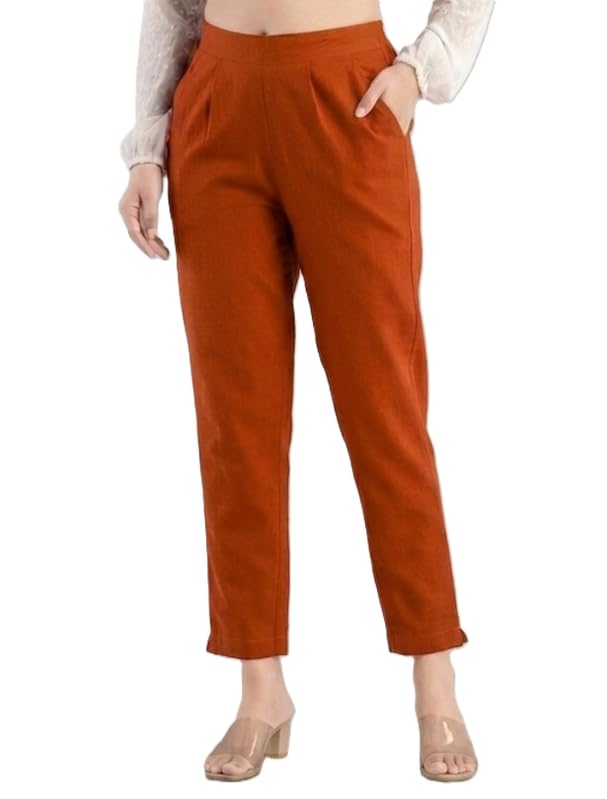 Image of Solid Cotton Woman Trousers Pants Regular Fit Kurti Pant with Drawstring Daily Office Formal Casual Use