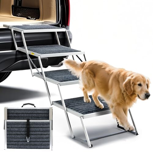 LUFFWELL Dog Stairs for Car, Extra Wide Stairs for Large Dogs, Pet Steps Aluminum Foldable Dog Steps for Cars and SUV, High Beds, Trucks, Supports up to 200 lbs (Extra Wide-4 Steps)