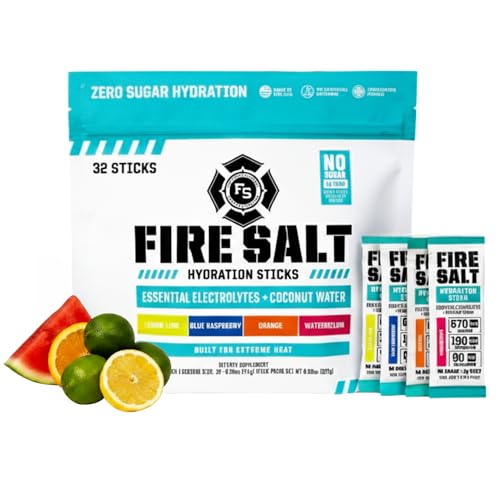 Fire Science Fire Salt Hydration Sticks, Electrolytes & Coconut Water, Hydration Drink Mix with Magnesium, Potassium & Sodium, Zero Sugar, Single Serve On The Go Packs, Variety Pack Flavors, 32 Count