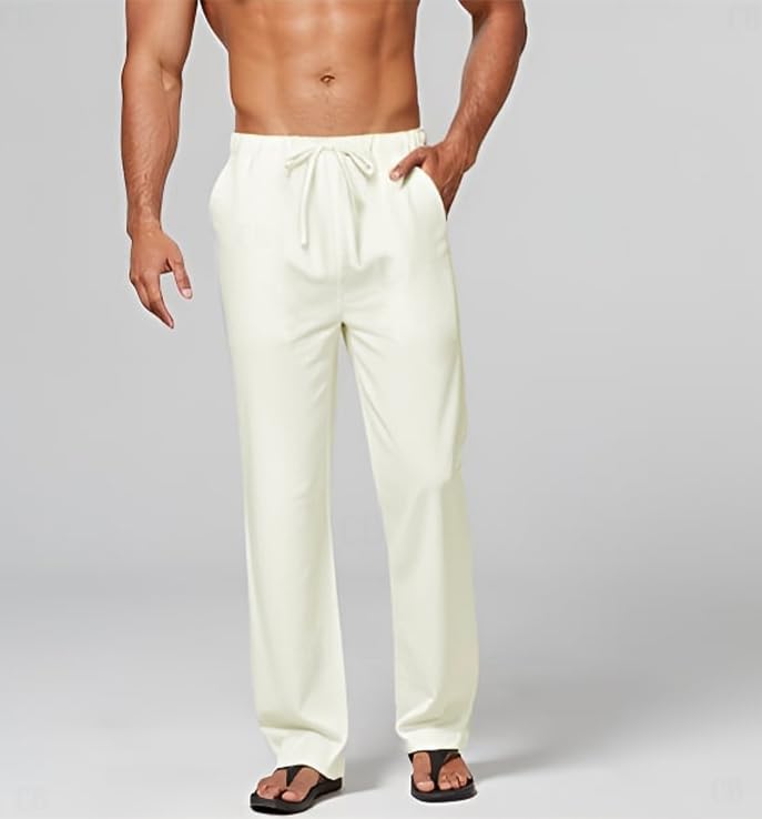 Image of CB-COLEBROOK Mens Casual Linen | Elastic Waist | Drawstring Summer Beach Yoga Linen Trouser | Loose Fit Pyjama Pants for Man