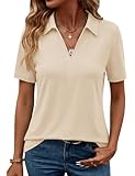 ZHENWEI Women's V Neck Collared Tops Short Sleeve Polo Shirts Casual Business Work Blouse Tunic,Apricot,XL