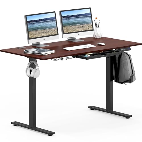 SHW 55 x 28 Inches Electric Height Adjustable Standing Desk with Drawer and Memory Preset, Cherry