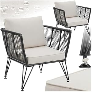 tectake® Set van 2 loungestoelen – Wicker tuinstoelen met dikke kussens – Stijlvolle tuinmeubelset voor balkon, tuin, serre of terras – Comfortabele en compacte lounge tuinstoelen