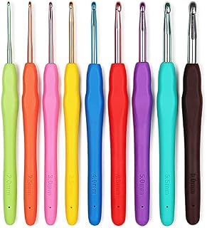 Aeelike Ergonomic Crochet Hooks Set for Arthritic Hands, Aluminium Soft Grip Rubber Handle Crochet Needles Set, 9PCS 2-6mm Colourful Metal Crochet Hook Set, Starter Crochet Set for Beginners Adults UK