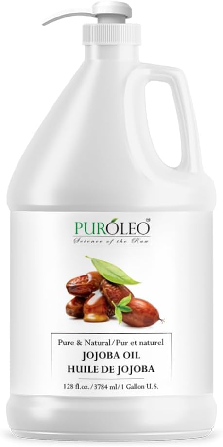 PUROLEO Jojoba Oil 128 Fl Oz/3784 ML (Packed In Canada) 100% Natural Cold Pressed Unrefined for Hair Oil, beard oil, Cuticle Oil, baby oil & Face Oil | Premium Leakproof unbreakable Packaging