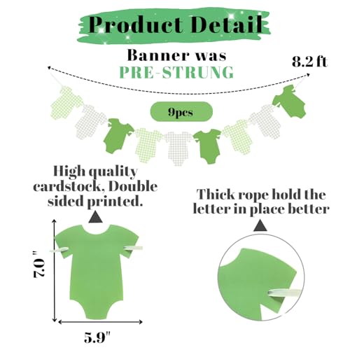 Image of ALISSAR Pre-Strung Green Gingham Bodysuit Baby Shower Banner-9 Double-Sided Onesie Cards-Sage Green Baby Shower Bunting, Baby Boy Girl Party Decoration