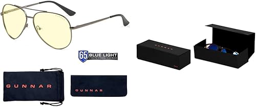 GUNNAR - Gaming and Computer Glasses - Blocks 65% Blue Light - Maverick, Gunmetal, Amber Tint & Unisex's Case, Black, One Size