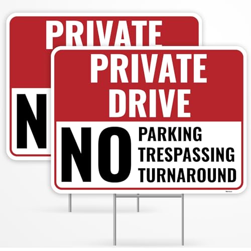 2PC Private Driveway No Turnaround Sign with Stake 12 Inches by 9 Inches - Corrugated Plastic - No Parking No Trespassing Private Drive No U Turn Sign