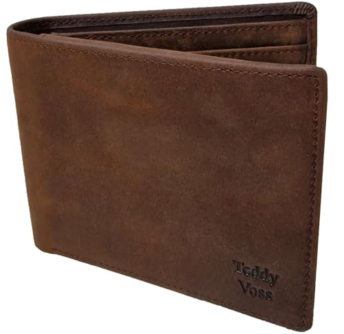 TEDDY VOSS Genuine Leather Wallet for Men, RFID Blocking, Classic Brown Bifold Wallet, Slim Men's Wallet with 10 Card Slots and 2 ID Windows, Full Grain Leather Wallet, Ultra Strong Stitching