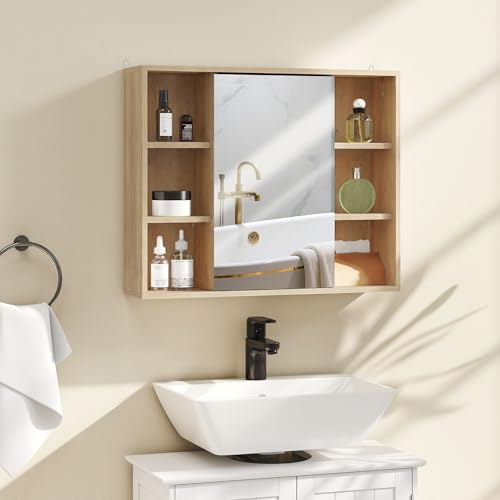 HOMCOM Armoire Murale, Meuble Salle de Bain avec Miroir, Miroir Salle de Bain avec Rangement, Placard à Portes et 6 Compartiments Ouverts, 60 x 14,5 x 49,4 cm, Bois...