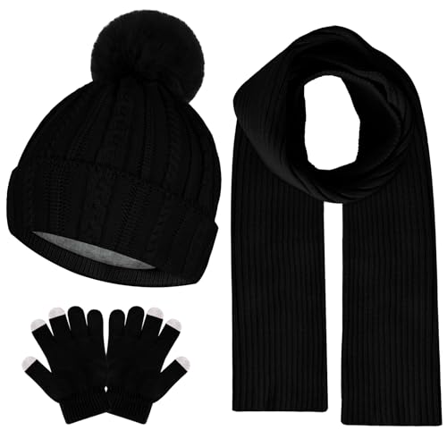 Kids Winter Hat Gloves Scarf Set Winter Knit Beanie Cap with Pompom Scarf Gloves Warm Set for Toddlers Boys Girls Ages 2-8