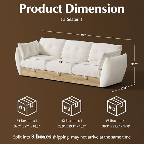 Image of 98 inch 3-Seater Cloud Couch Sectional Modular Sofa with Storage, Cotton and Linen Fabrics Modern Oversized Deep Seat Sofa with Armrest Pillow, Easy Assembly for Living Room, Apartment, Ivory