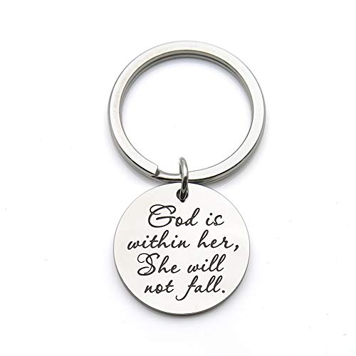 Yasirona God is Within her she Will not Fall Scripture Quote Keychain Encouragement Bible Verse Gift Stainless Steel Keychain