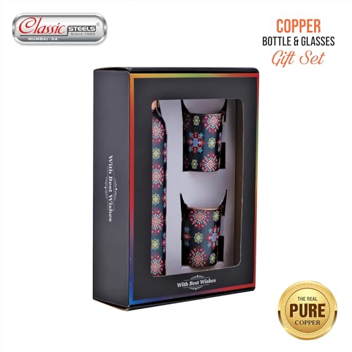 Image of Classic Steels Elegant Ethnic Green Copper Water Bottle Set with 2 Glasses - 1L Capacity | Best Gift For Diwali, Wedding Anniversary And All Other Occasions. (Blue Ethnic Copper Bottle Set)